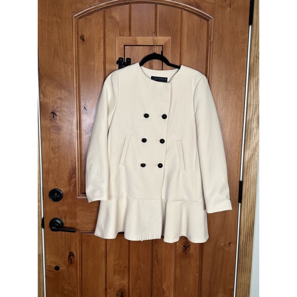 Zara Woman‎ Double Breasted Ruffle Bottom Pea Coat Blazer Sz M Cropped trench - Picture 1 of 13